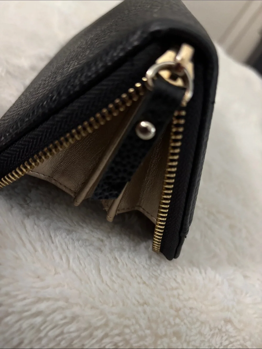 Anne Klein Black Pebbled Leather Zip Wallet with Gold Accent